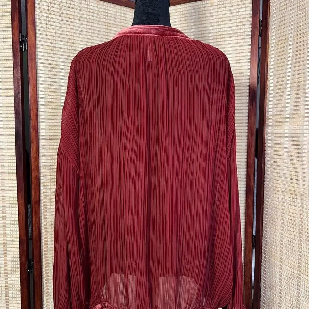 Free People Velvet Trim Pleated Blouse Top Brick Red Size L